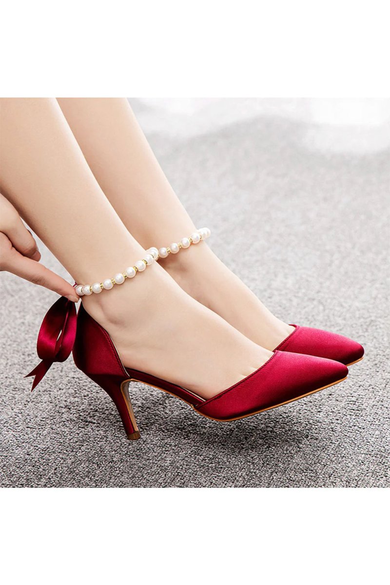 Satin Pearl Ribbon Tie Pointed Toe Ankle Strap High Heels - KissProm