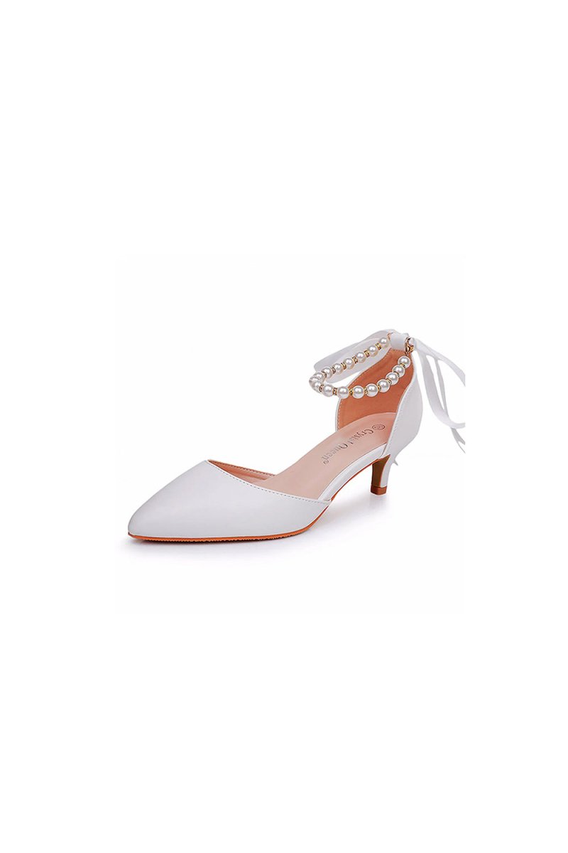 Satin Pearl Ribbon Tie Pointed Toe Ankle Strap High Heels - KissProm