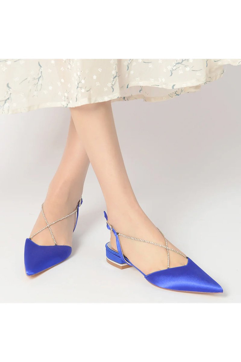 Satin Pointed Toe Beading Buckle Kitten Heels - KissProm