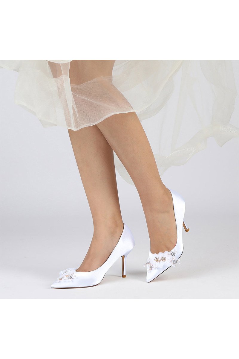 Satin Wedding Shoes Stiletto Heel With Rhinestone Flower - KissProm