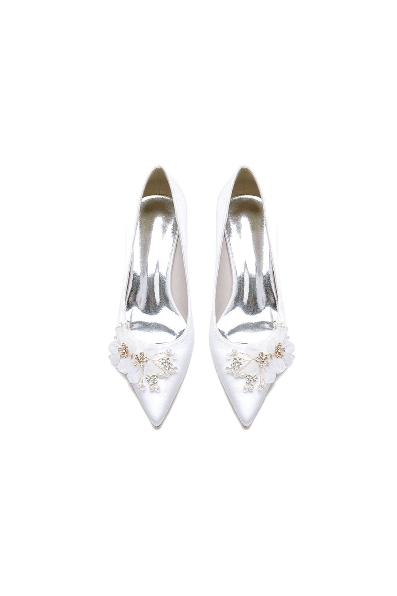 Satin Wedding Shoes Stiletto Heel With Rhinestone Flower - KissProm