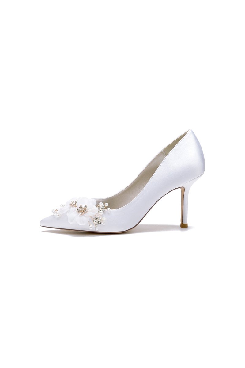 Satin Wedding Shoes Stiletto Heel With Rhinestone Flower - KissProm