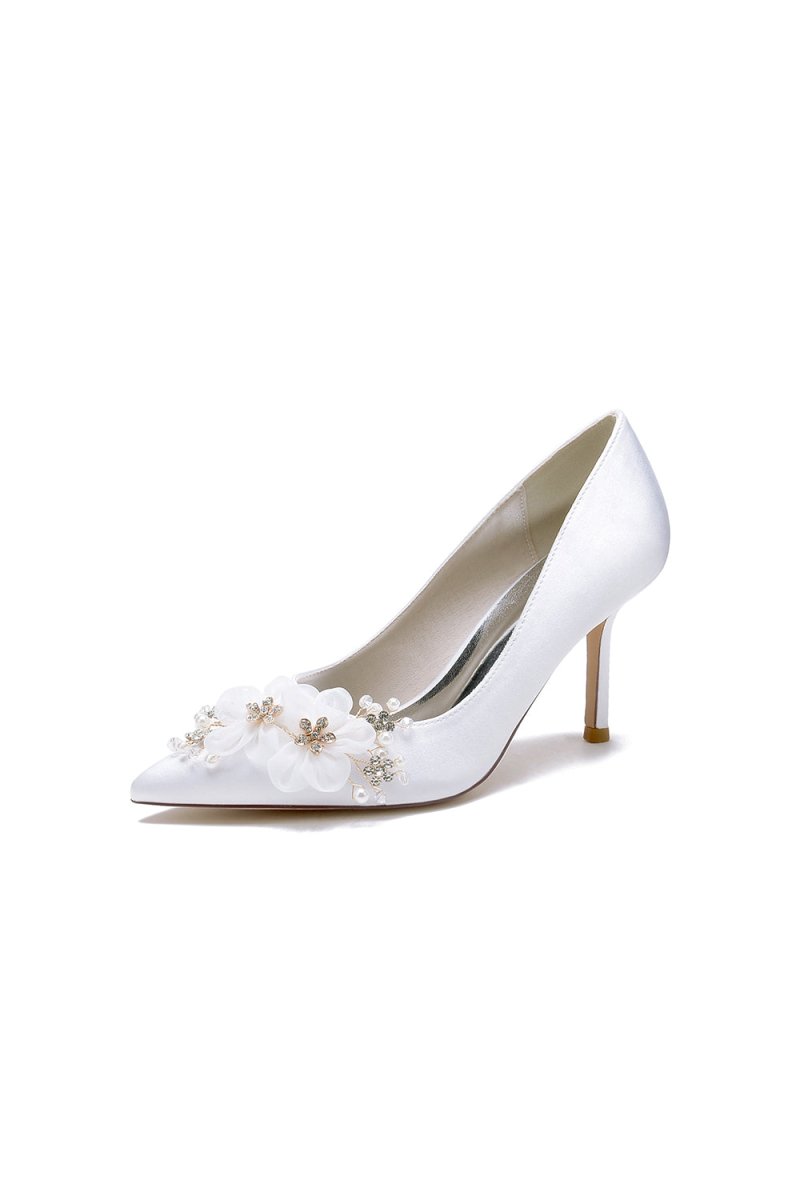 Satin Wedding Shoes Stiletto Heel With Rhinestone Flower - KissProm