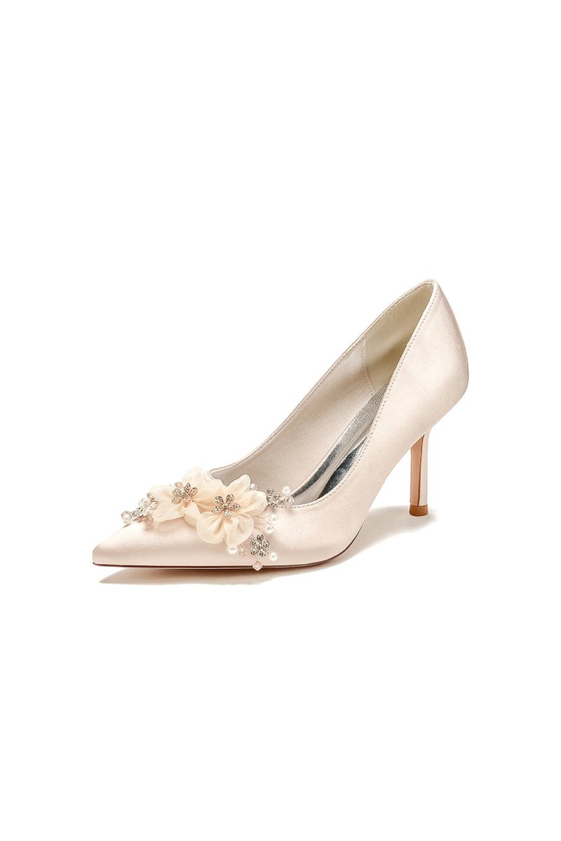 Satin Wedding Shoes Stiletto Heel With Rhinestone Flower - KissProm