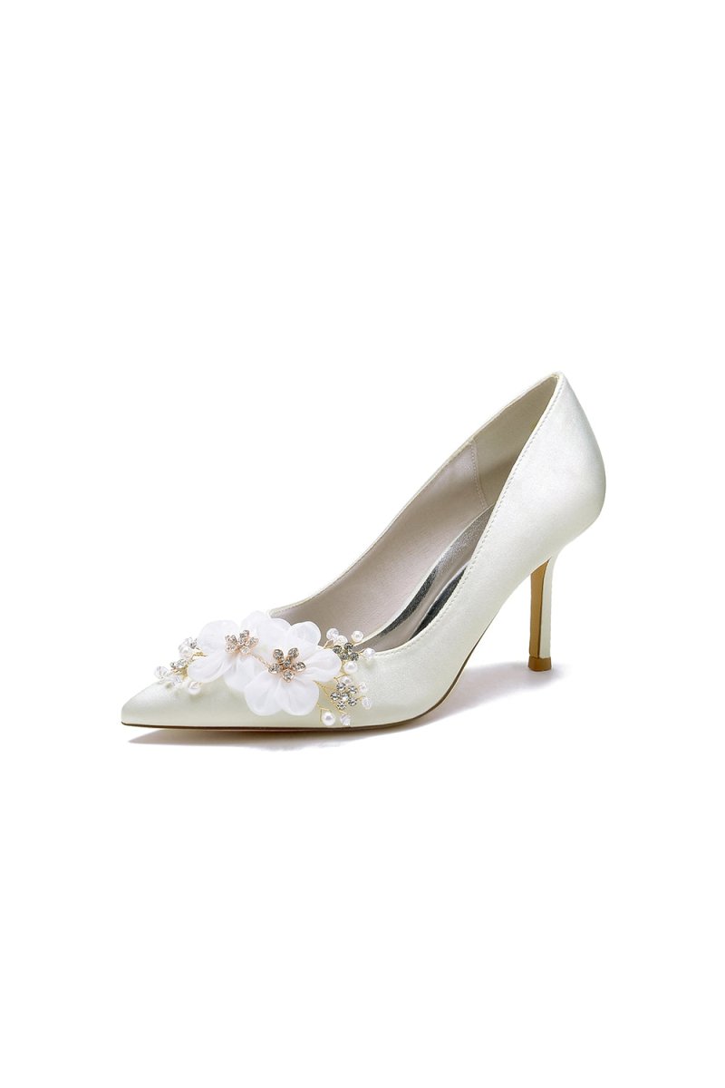 Satin Wedding Shoes Stiletto Heel With Rhinestone Flower - KissProm