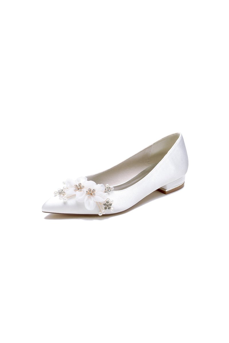 Satin Champagne Flats with Delicate Flower Embellishments - KissProm