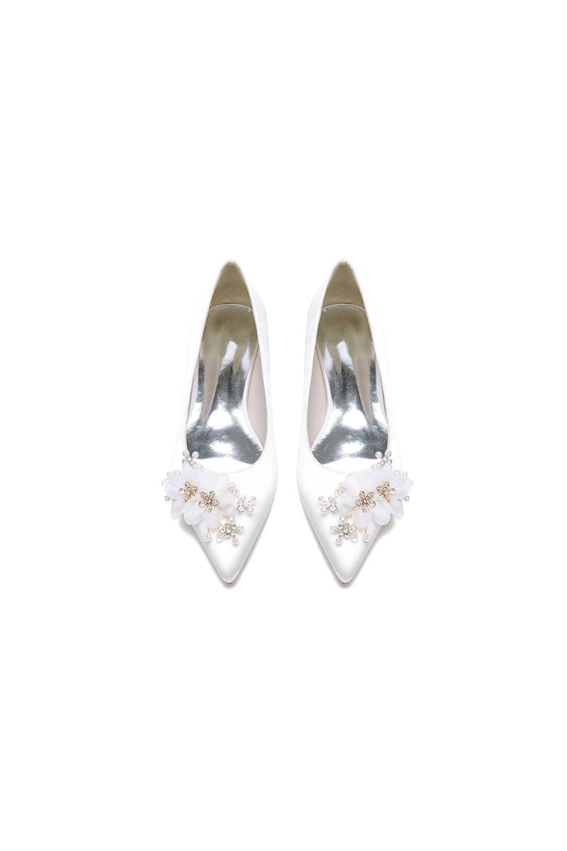 Satin Champagne Flats with Delicate Flower Embellishments - KissProm