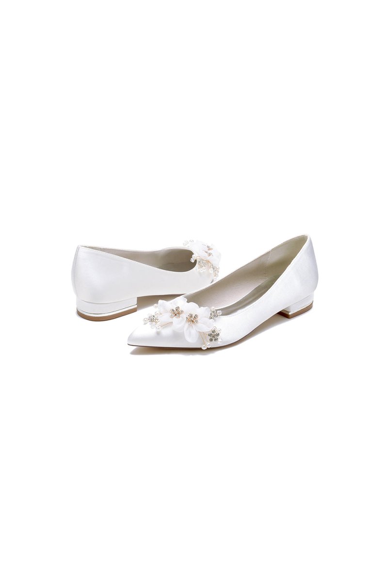 Satin Champagne Flats with Delicate Flower Embellishments - KissProm