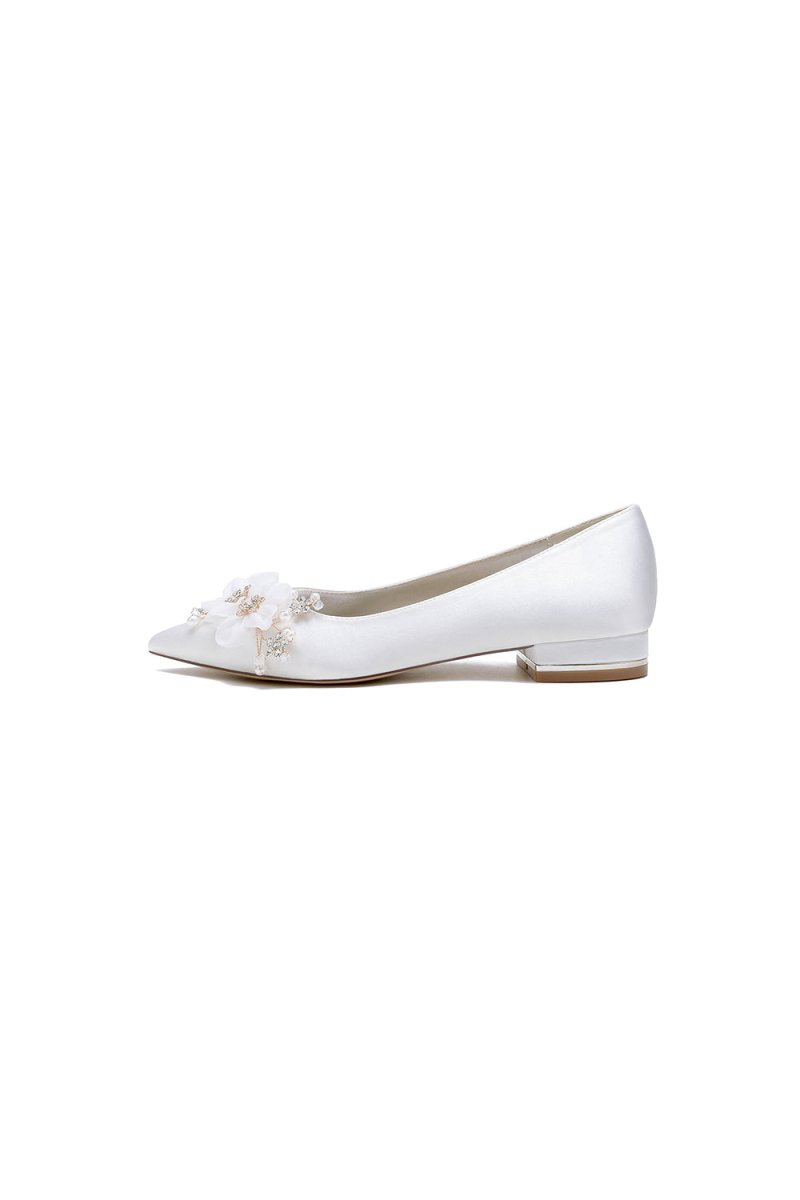 Satin Champagne Flats with Delicate Flower Embellishments - KissProm