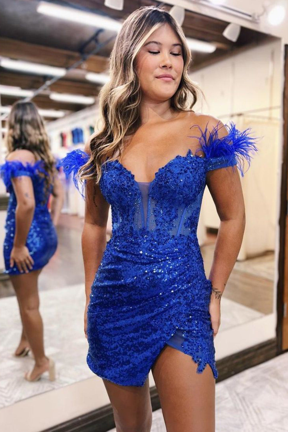 Sequin Off The Shoulder Lace Up-Corset Short Homecoming Dress With Feather