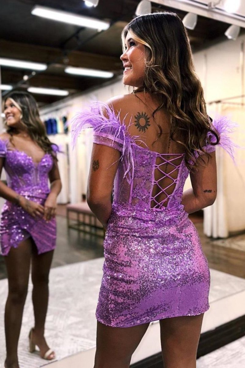 Sequin Off The Shoulder Lace Up - Corset Short Homecoming Dress With Feather - KissProm