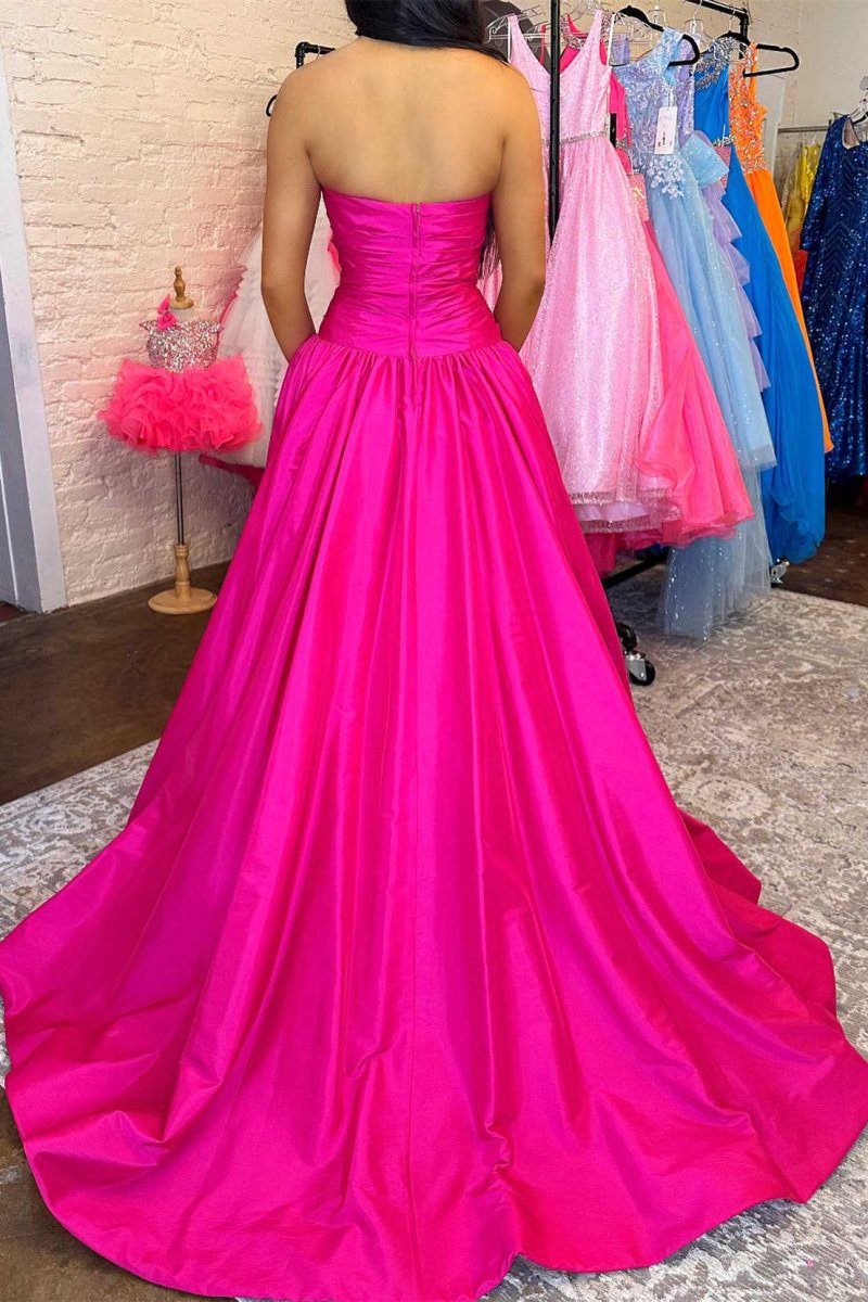 Seraphia | Strapless Fuchsia Beaded A - Line Long Prom Dresss - KissProm