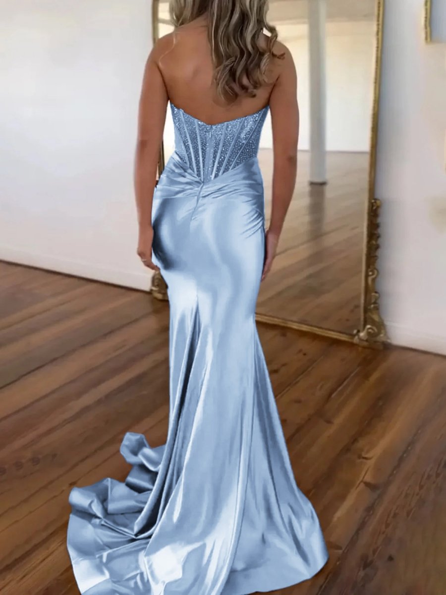 Serin | Purple Strapless Mermaid Satin Long Prom Dress With Beading - KissProm