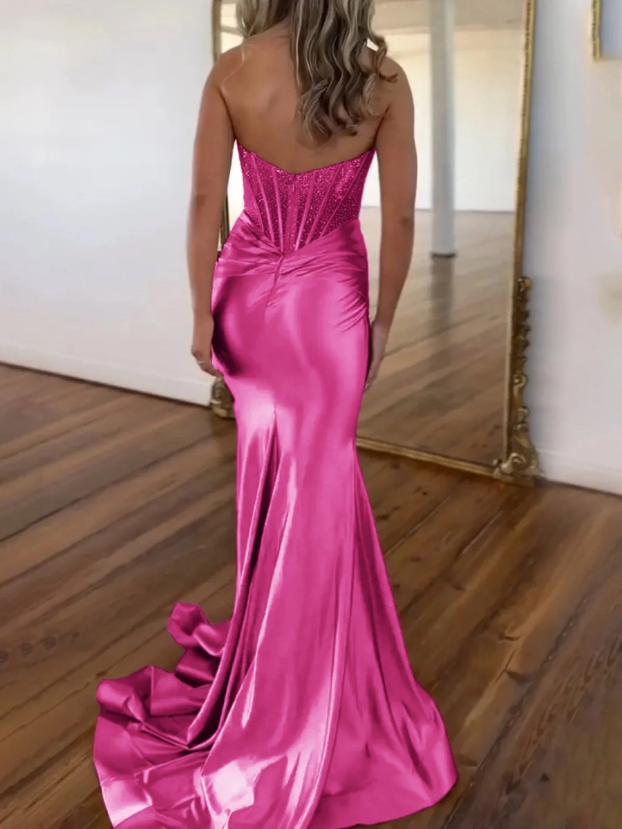 Serin | Purple Strapless Mermaid Satin Long Prom Dress With Beading - KissProm