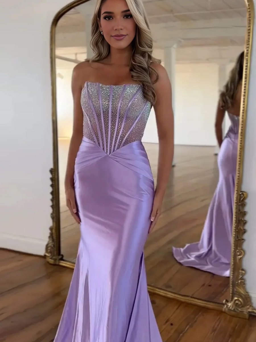 Serin | Purple Strapless Mermaid Satin Long Prom Dress With Beading - KissProm