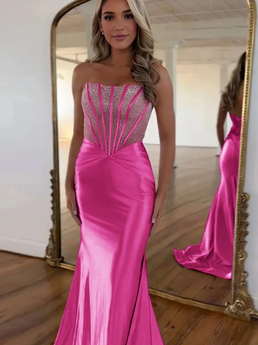 Serin | Purple Strapless Mermaid Satin Long Prom Dress With Beading - KissProm