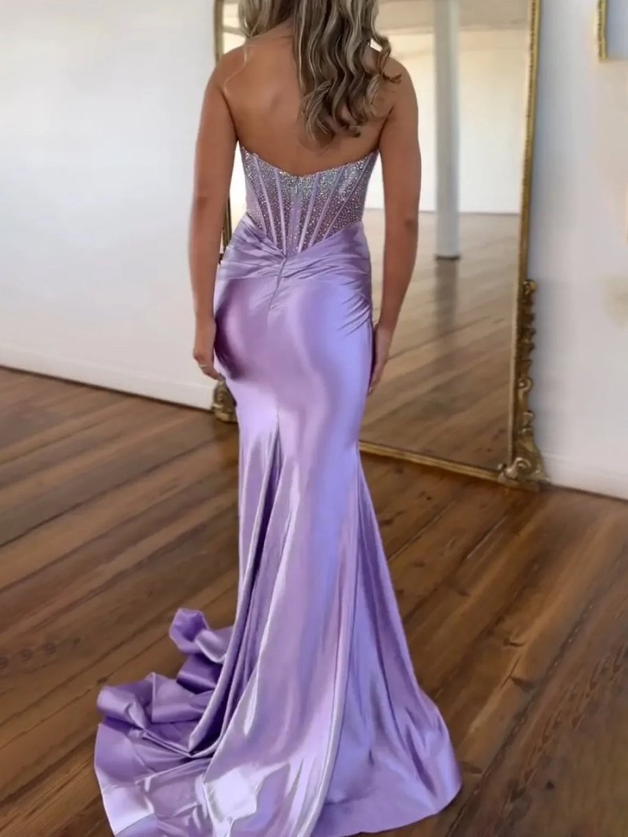 Serin | Purple Strapless Mermaid Satin Long Prom Dress With Beading - KissProm