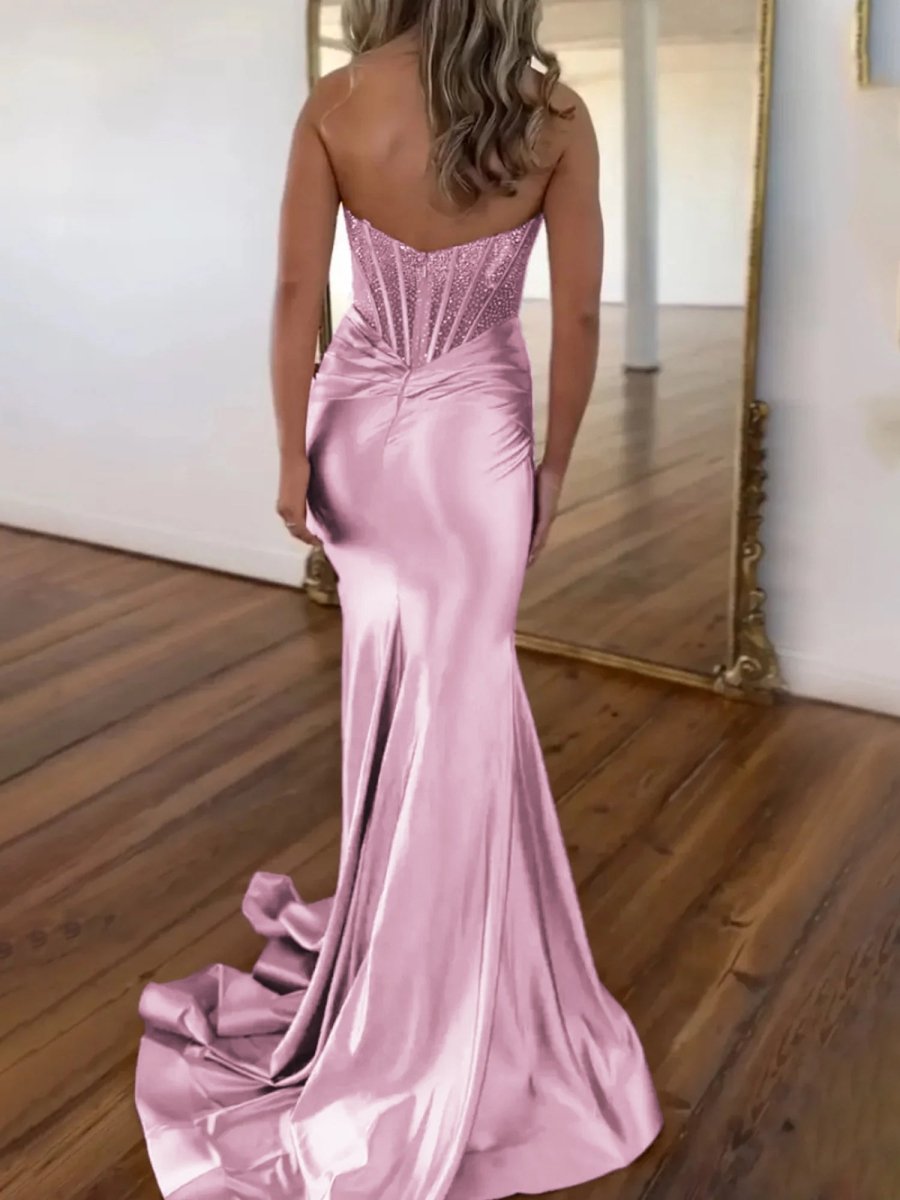 Serin | Purple Strapless Mermaid Satin Long Prom Dress With Beading - KissProm