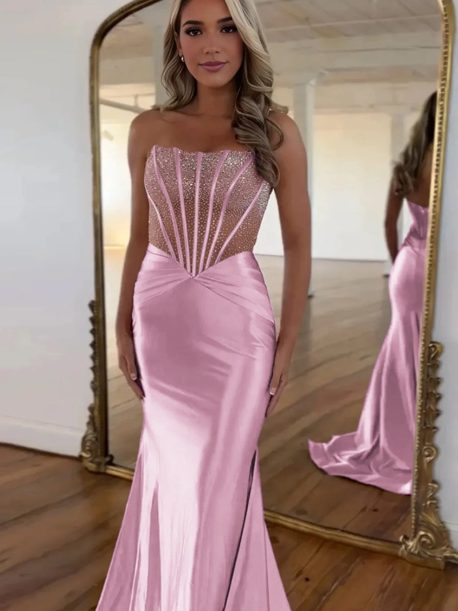 Serin | Purple Strapless Mermaid Satin Long Prom Dress With Beading - KissProm