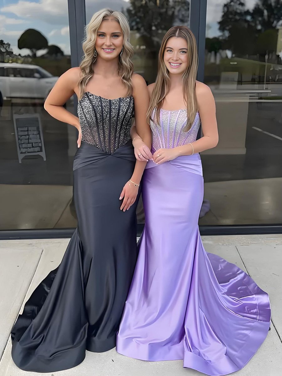 Serin | Purple Strapless Mermaid Satin Long Prom Dress With Beading - KissProm