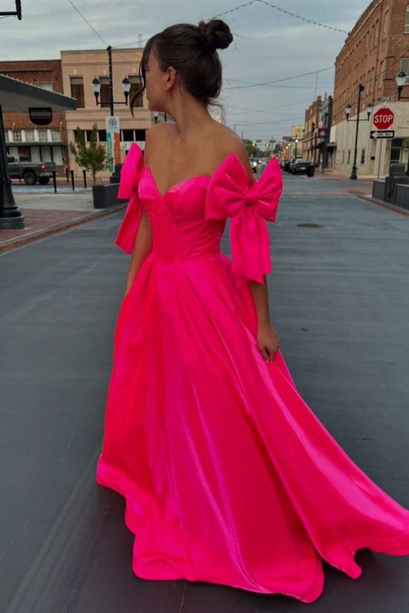 Shanty | A - Line Off - Shoulder Bow Pleated Long Prom Dress - KissProm