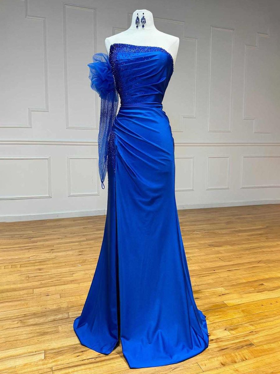 Sharice | Mermaid Strapless Beaded Ruched Long Prom Dress with Sleeve - KissProm