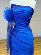 Sharice | Mermaid Strapless Beaded Ruched Long Prom Dress with Sleeve - KissProm