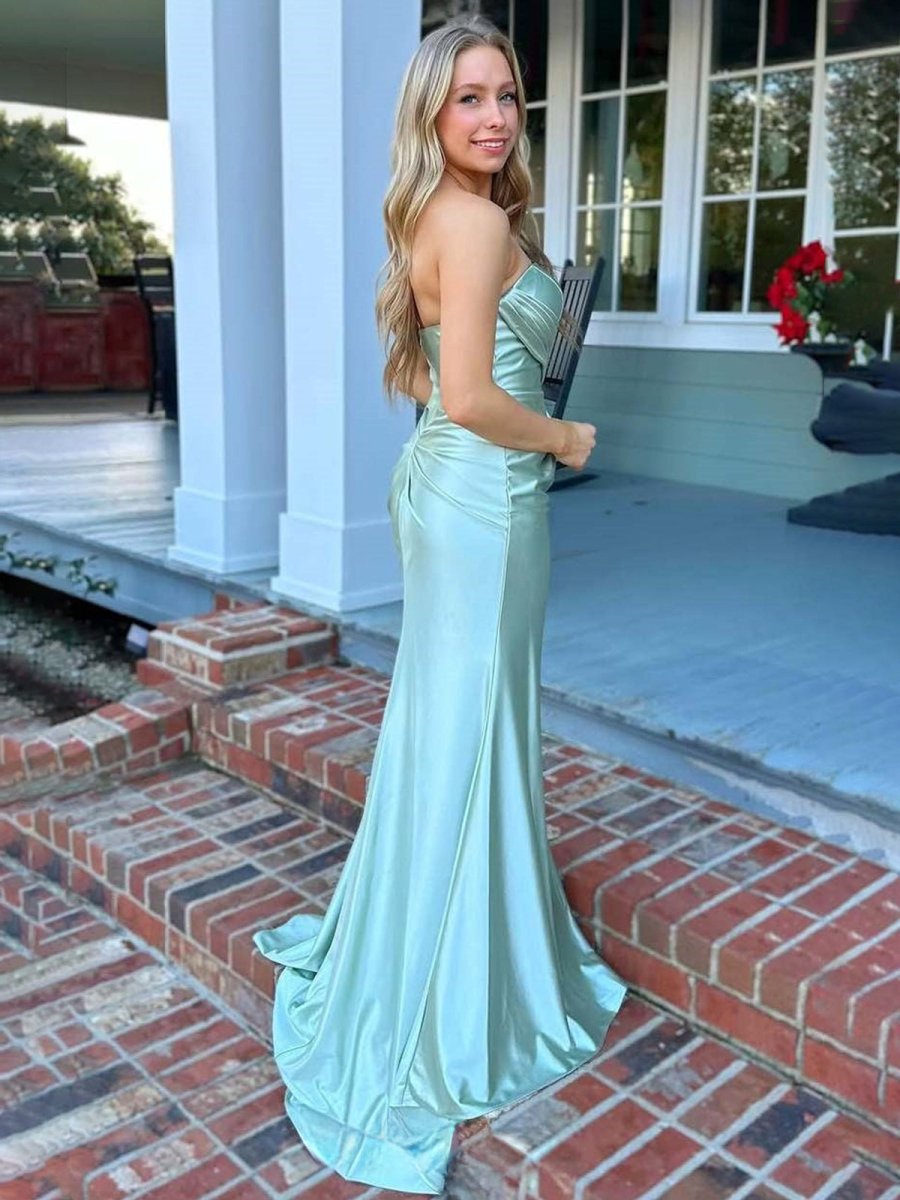 Shayna | Mermaid Pleats Strapless Black Long Prom Dresses with Slit - KissProm