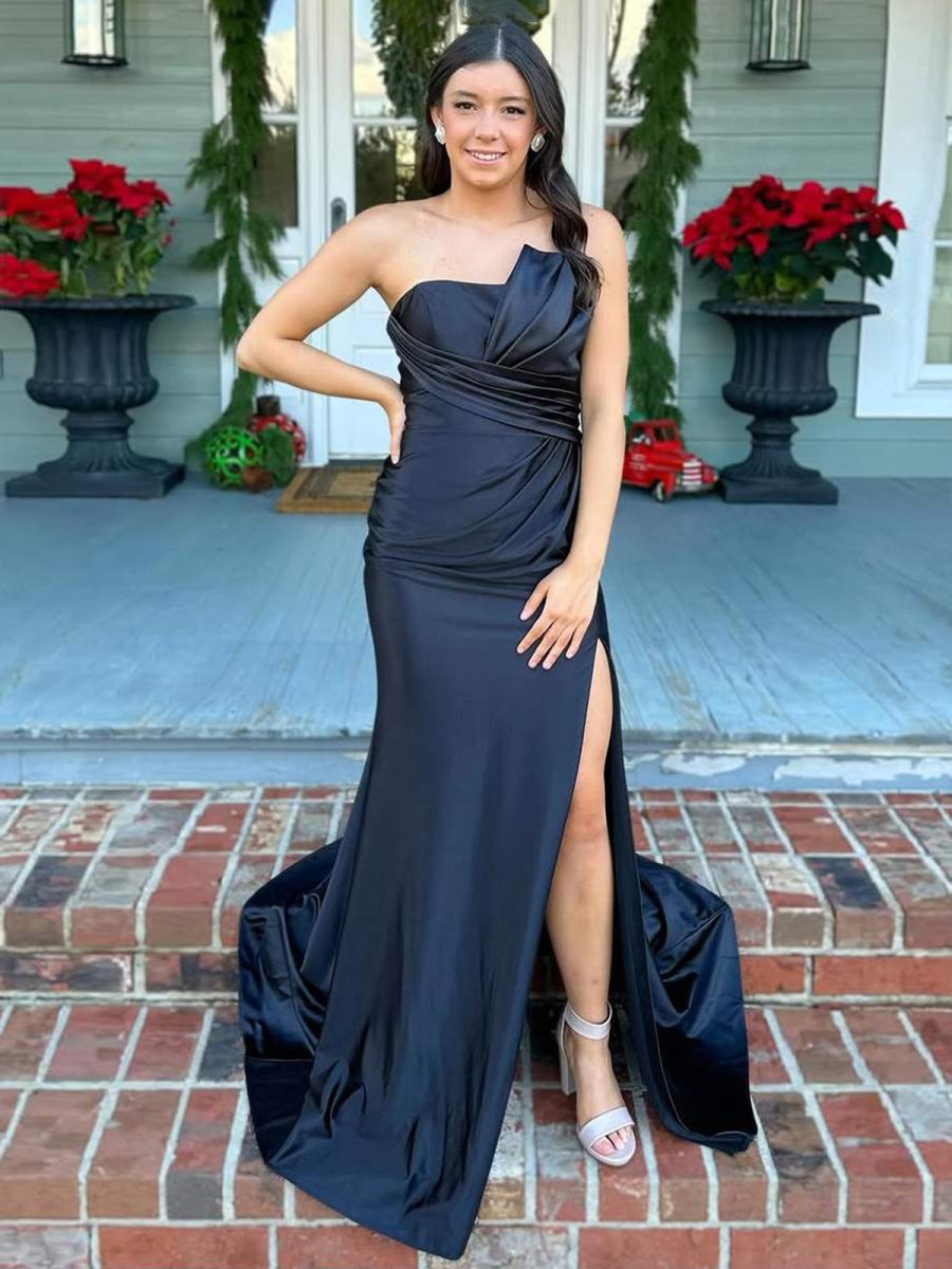 Shayna | Mermaid Pleats Strapless Black Long Prom Dresses with Slit - KissProm