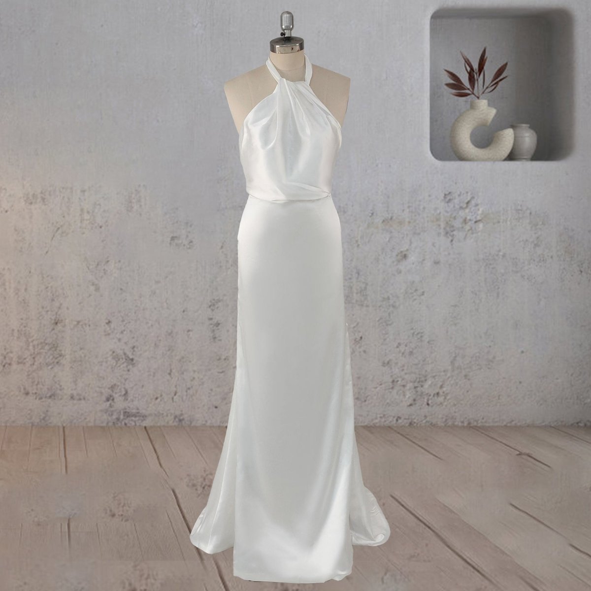 Sheath Satin Backless Halter Wedding Dress - KissProm