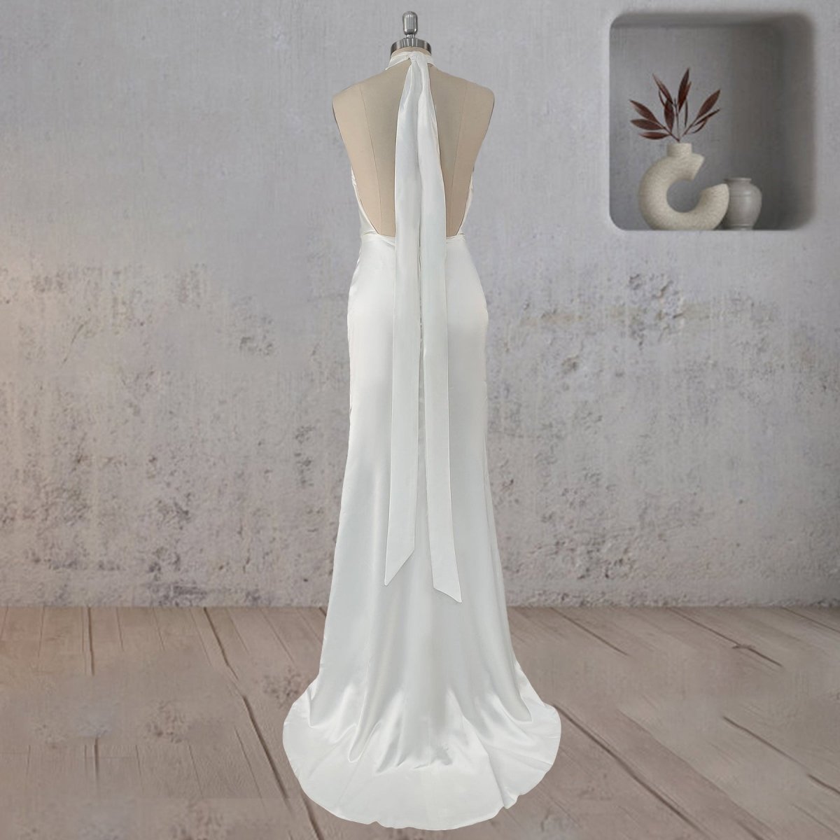 Sheath Satin Backless Halter Wedding Dress - KissProm