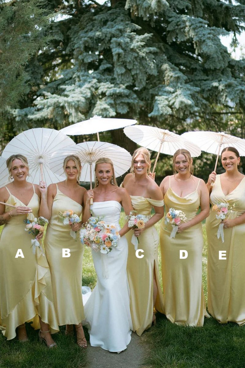 Sheath Silk Satin Yellow Long Bridesmaid Dresses - KissProm