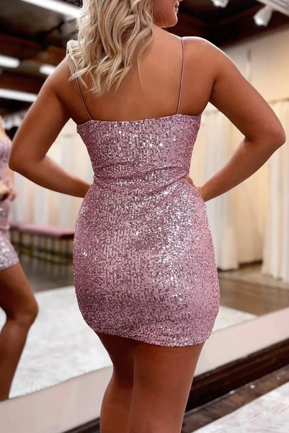 Sheath Sparkly Lilac Sequins Spaghetti Straps Tight Short Homecoming Dress