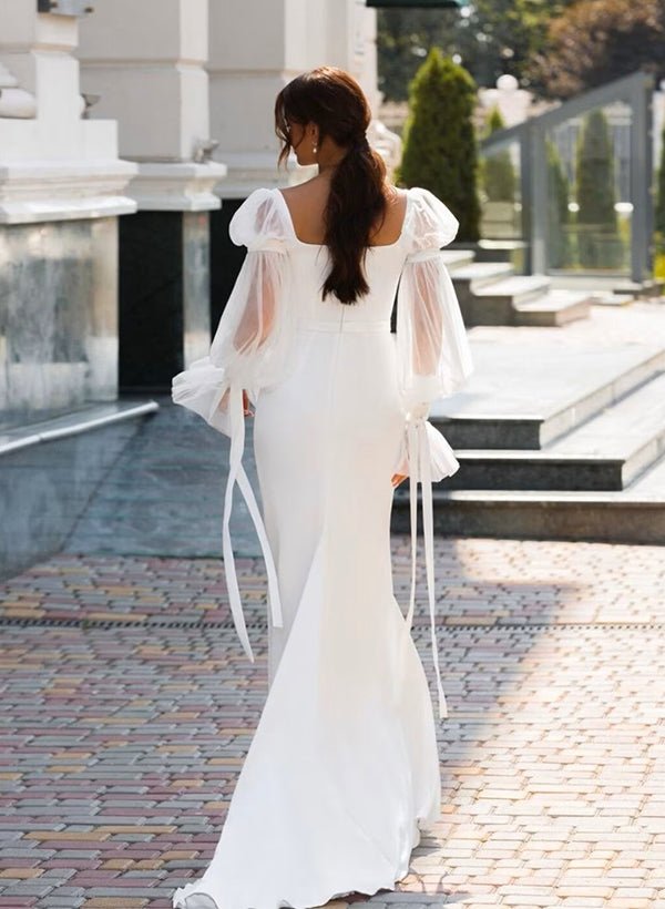 Mermaid Square Neckline Long Sleeves Satin Wedding Dresses