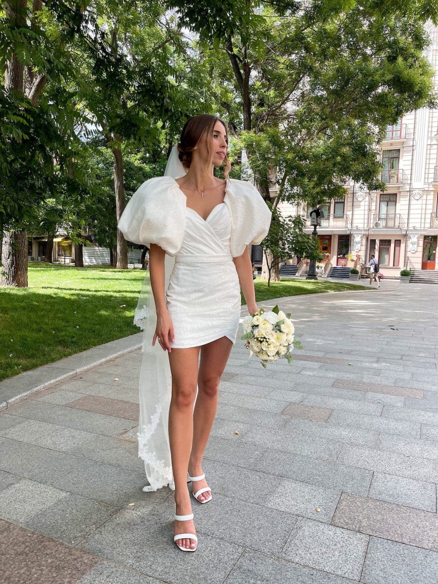 Madison | Sheath White Puff Sleeves Short V - Neck Wedding Dress - KissProm