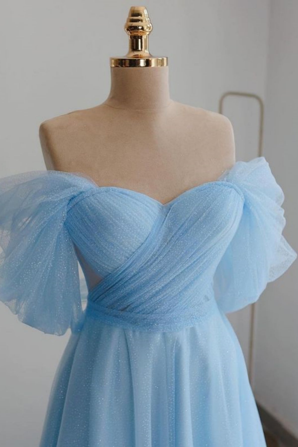 Prima | Shiny Tulle Off the Shoulder Light Blue Tea Length Prom Dress