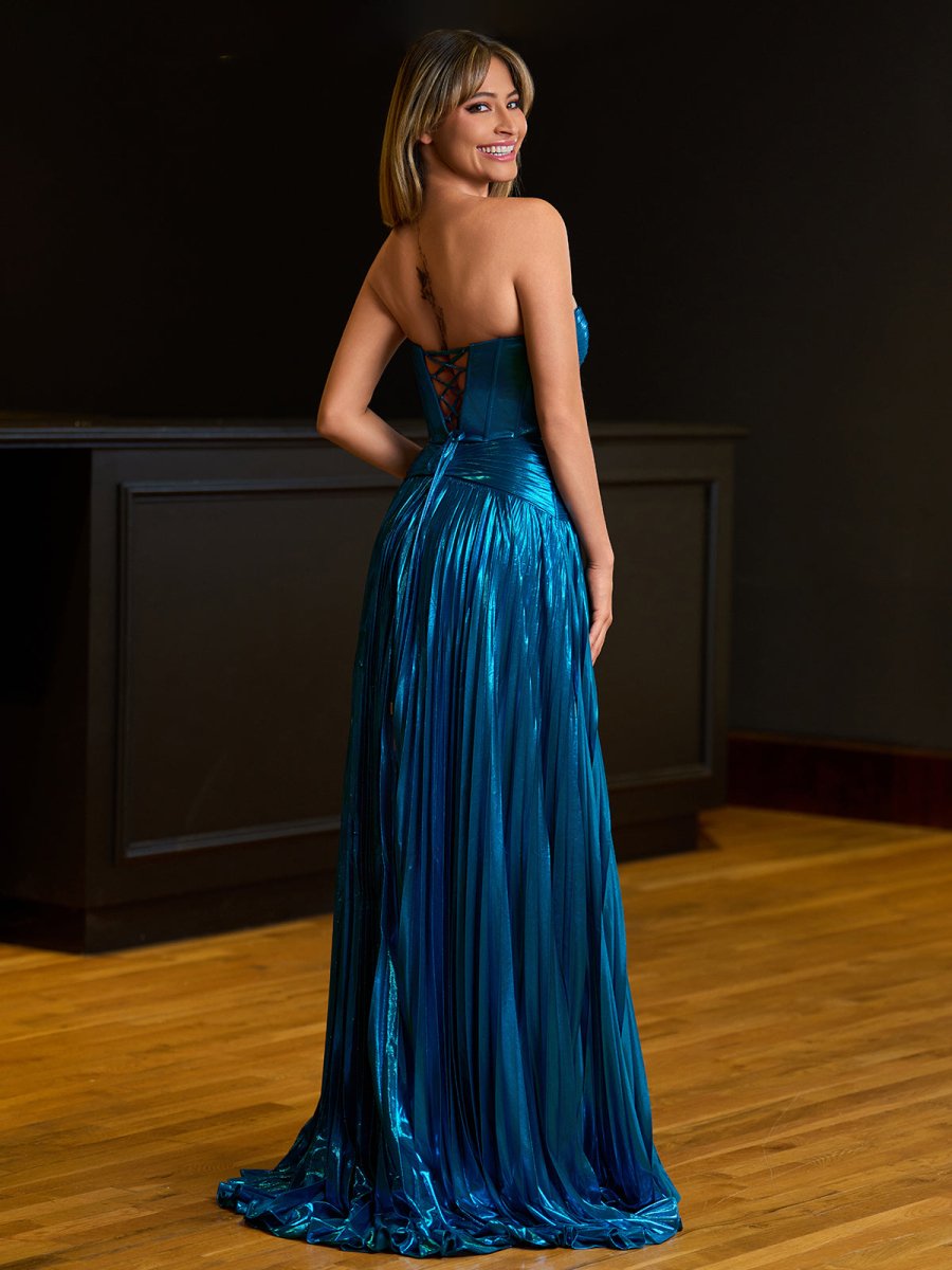 Sileas | Turquoise Sweetheart Metallic Pleated Long Formal Dress With Slit - KissProm