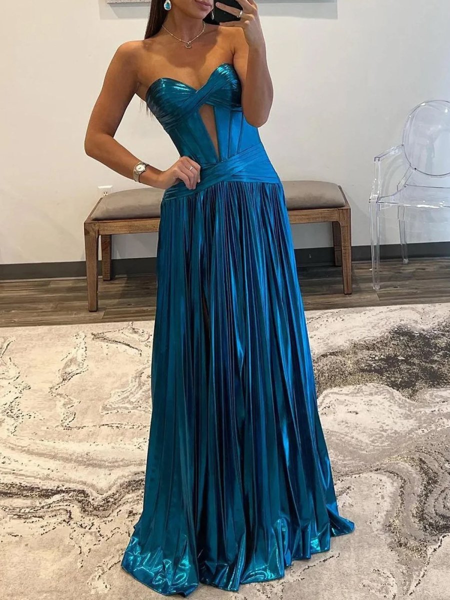 Sileas | Turquoise Sweetheart Metallic Pleated Long Formal Dress With Slit - KissProm