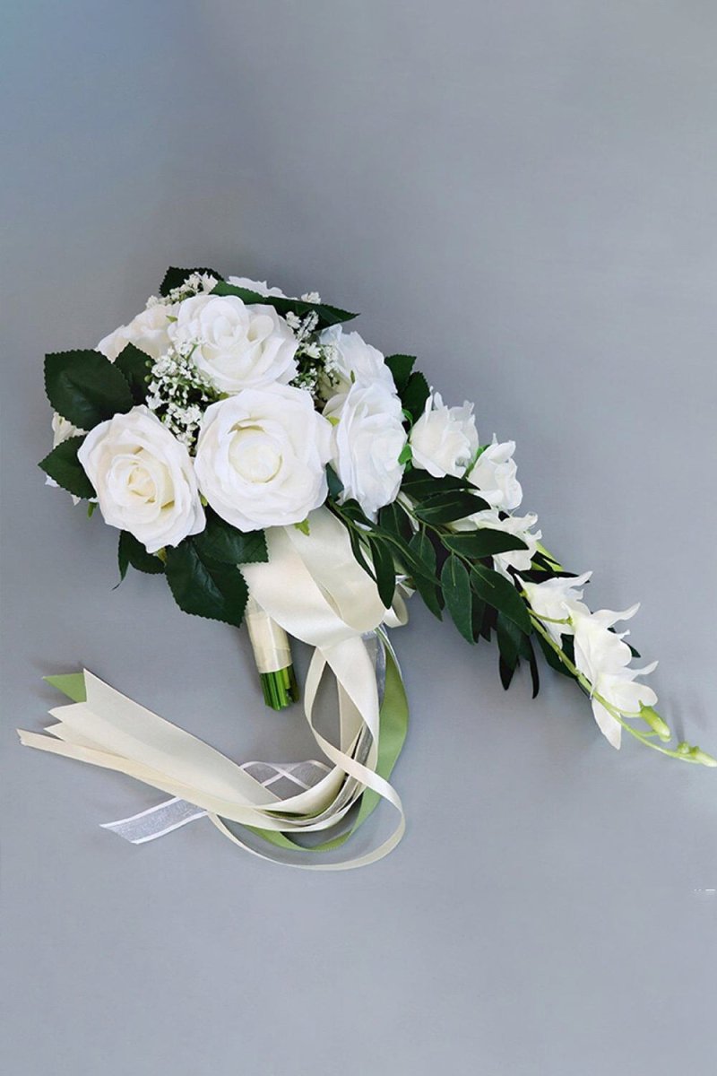 Silk Roses Artificial Cascade Wedding Flowers Bouquets - KissProm