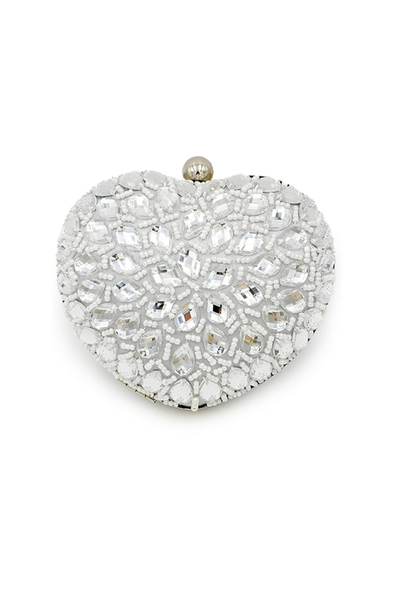 Silver Beaded Heart Shaped Party Clutch - KissProm