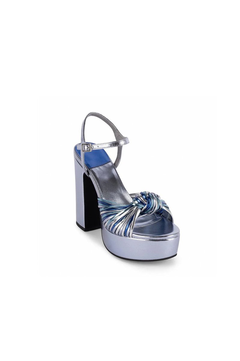 Silver Chunky Knotted Block Heel Platform Sandals - KissProm