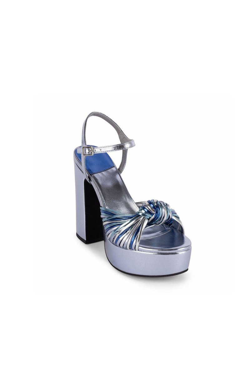 Silver Chunky Knotted Block Heel Platform Sandals - KissProm