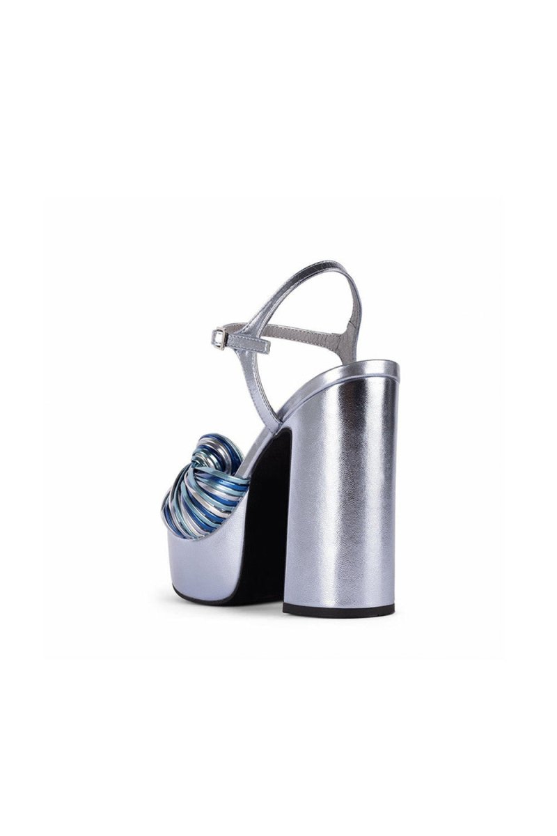 Silver Chunky Knotted Block Heel Platform Sandals - KissProm