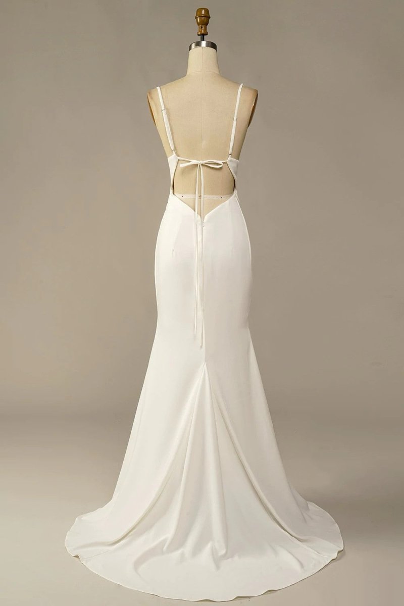 Simple Spaghetti Straps Long Soft Satin Ivory Mermaid Beach Wedding Dresses - KissProm