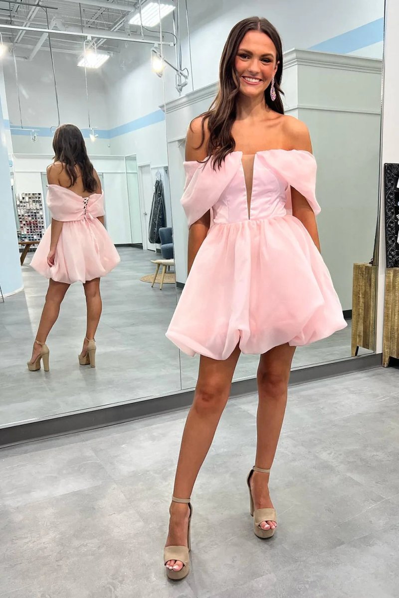 Lecia | Simple Pink A - Line Off the Shoulder Short Homecoming Dress - KissProm