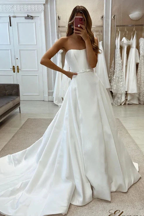 Simple Satin A-Line Sweetheart Strapless Belt With Train Wedding Dress