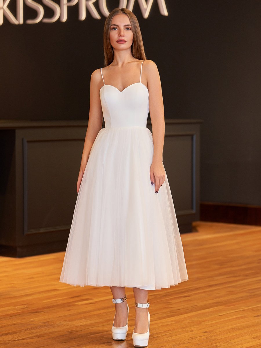 A - Line Spaghetti Straps White Satin Tulle Tea - Length Wedding Dresses - KissProm