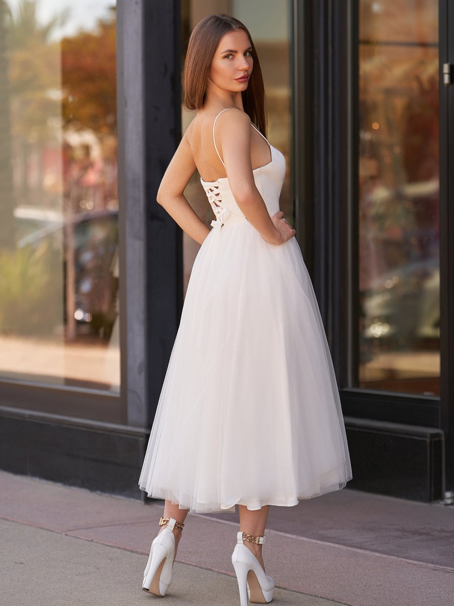 A - Line Spaghetti Straps White Satin Tulle Tea - Length Wedding Dresses - KissProm