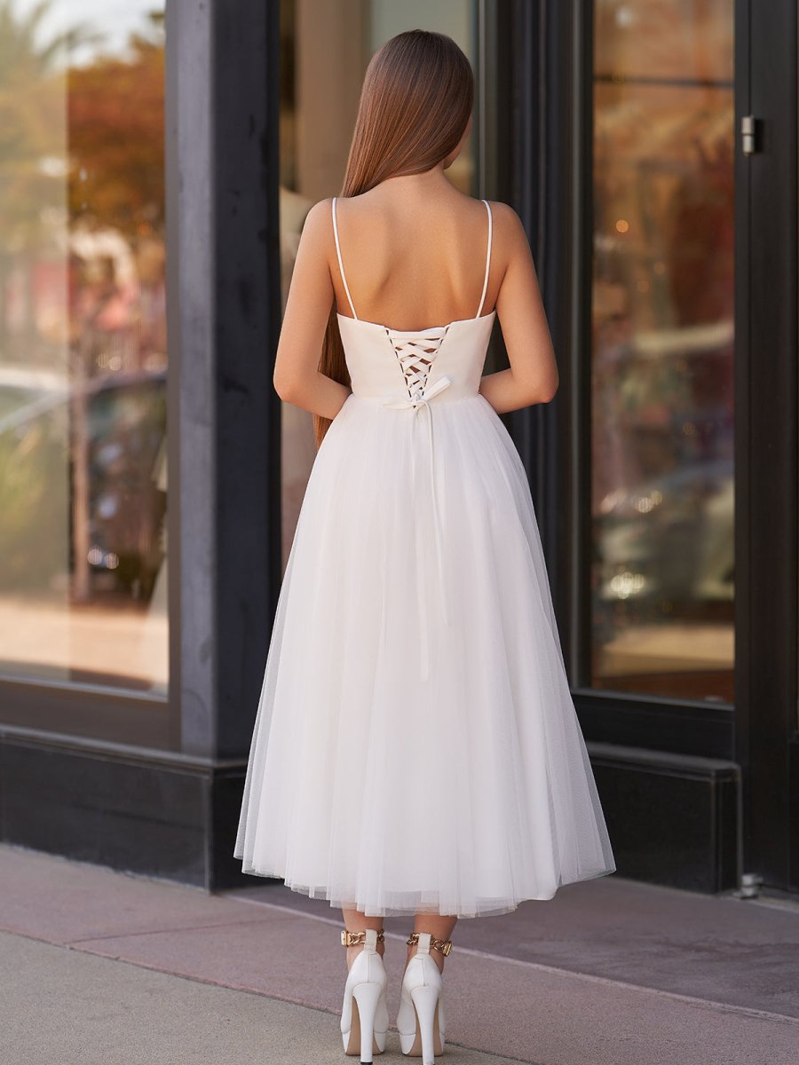 A - Line Spaghetti Straps White Satin Tulle Tea - Length Wedding Dresses - KissProm