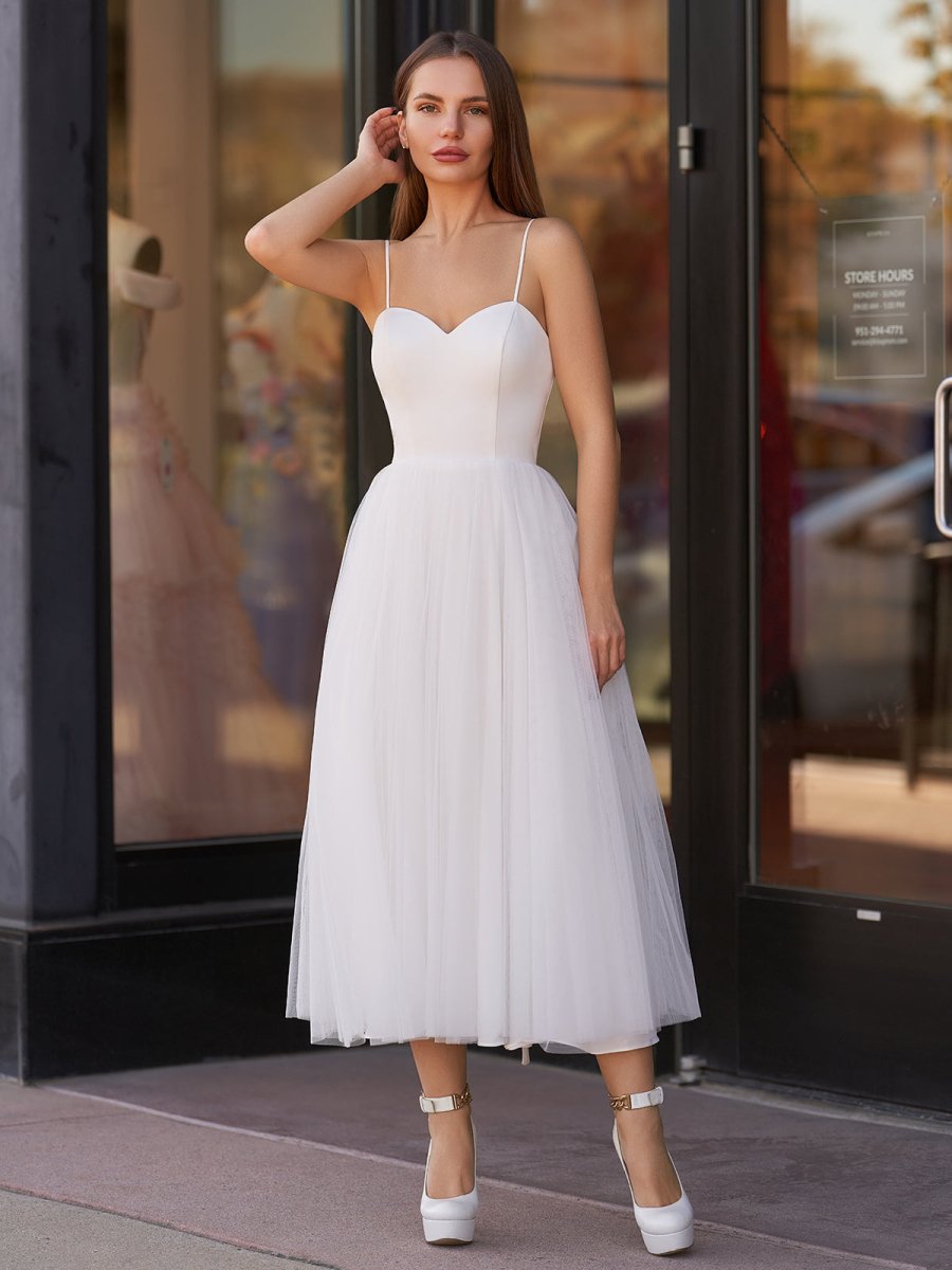 A - Line Spaghetti Straps White Satin Tulle Tea - Length Wedding Dresses - KissProm